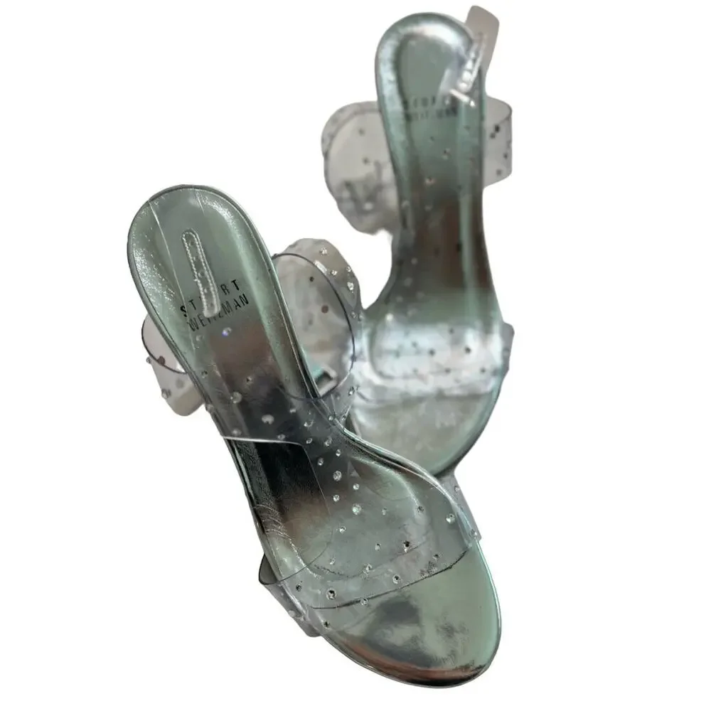 Stuart Weitzman Clear Silver Crystal Embellishments T-Strap Sandal Heels size 7 - Picture 7 of 11